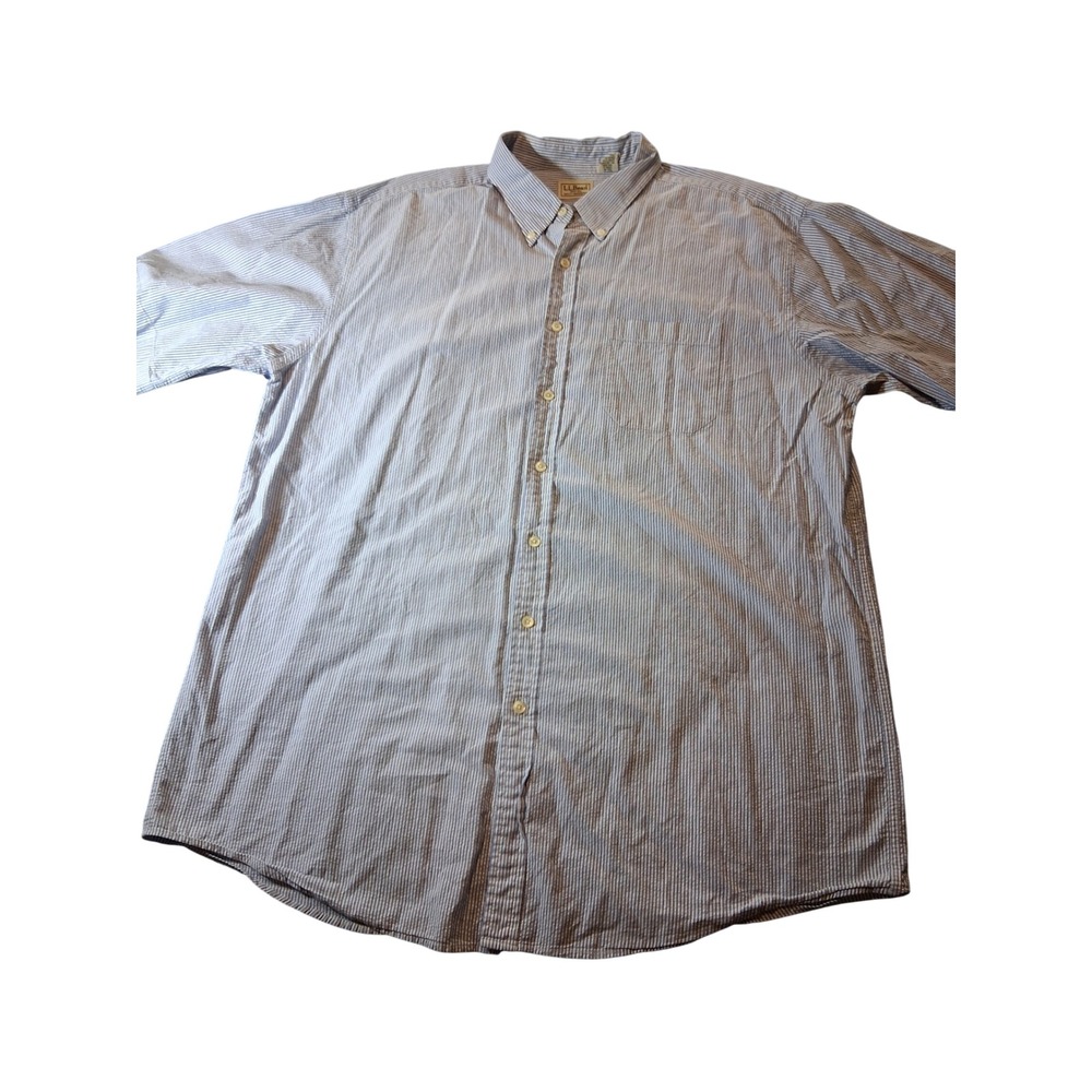 LL Bean Mens XL Tall Seersucker Short Sleeve Button Down Shirt Blue White Stripe